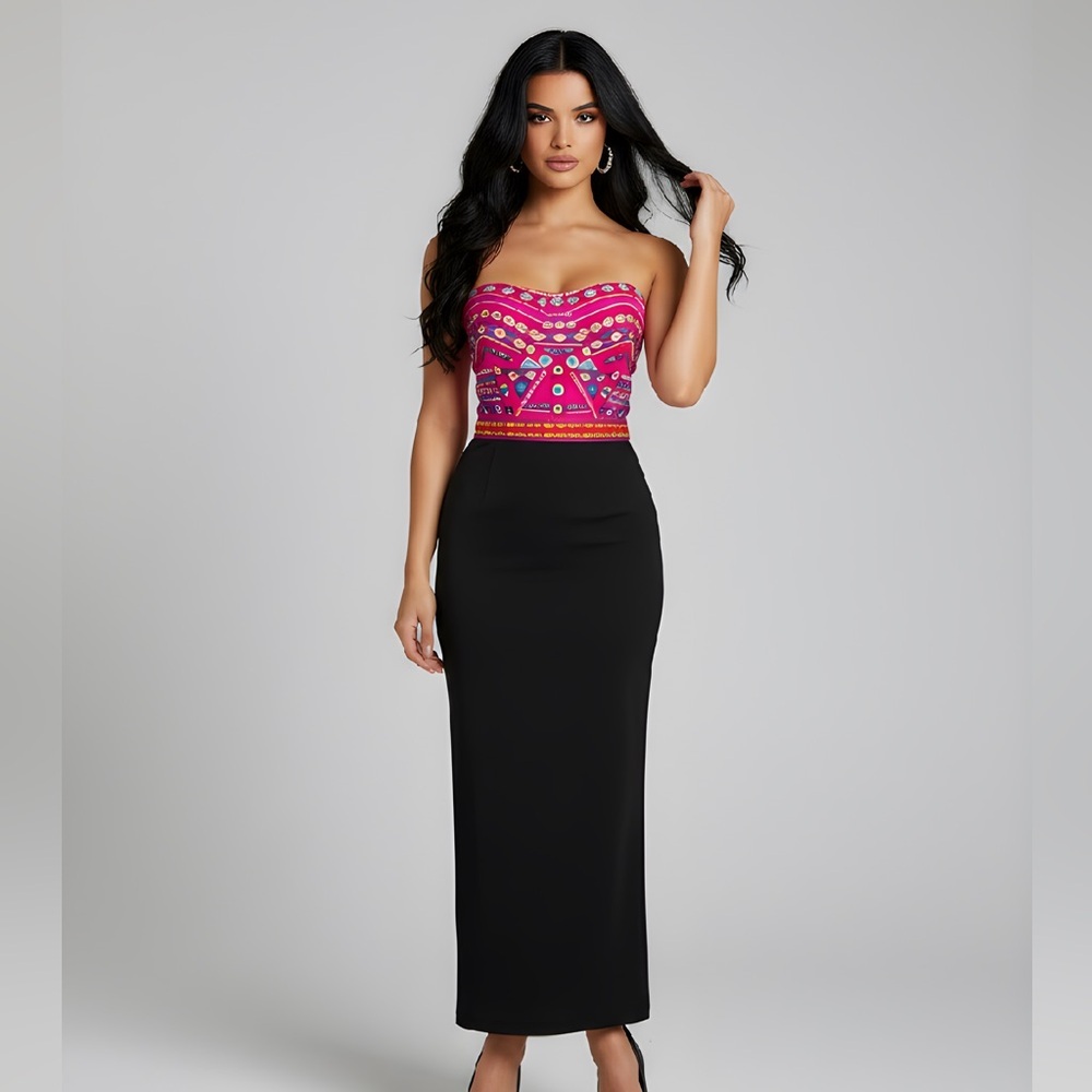 EUC Marineblu SZ M black/pink multicolored strapless maxi dress, bust 28”-34”